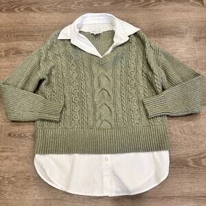 Rachel Zoe Womens Small Layered Sweater Green‎ Cable Knit Collared Academia